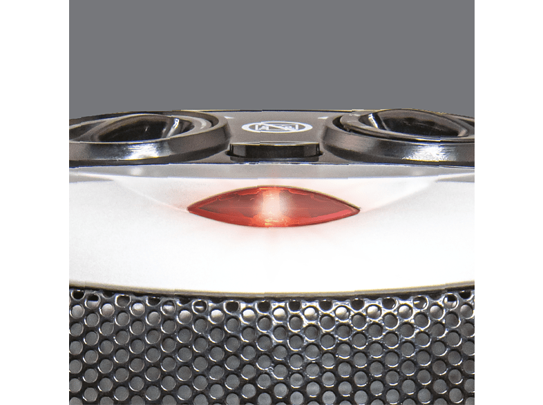 Close-up of a device with a red light and two black speaker grills.