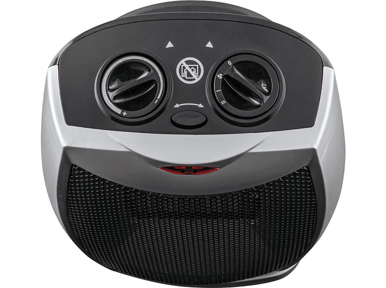 A black and silver electric heater with two dials and a grill, seen from the front.