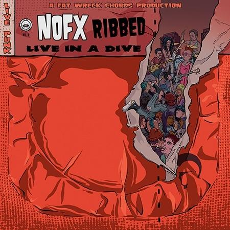Albumcover für NOFX' Ribbed. Oranger Hintergrund, Bandmitglieder in einem Riss.