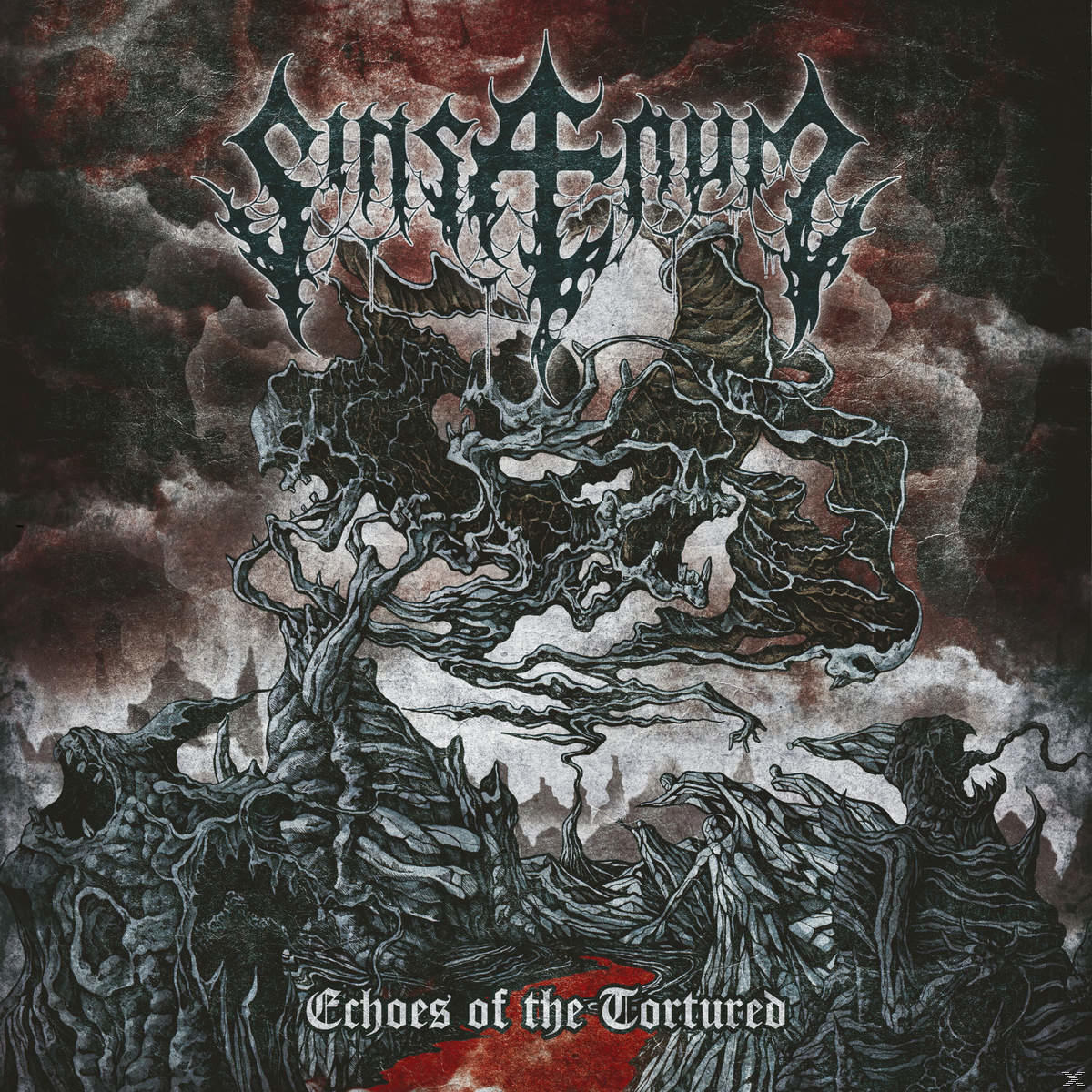 Album borító sötét, gótikus illusztrációval, fával és szöveggel: Echoes of the Tortured.