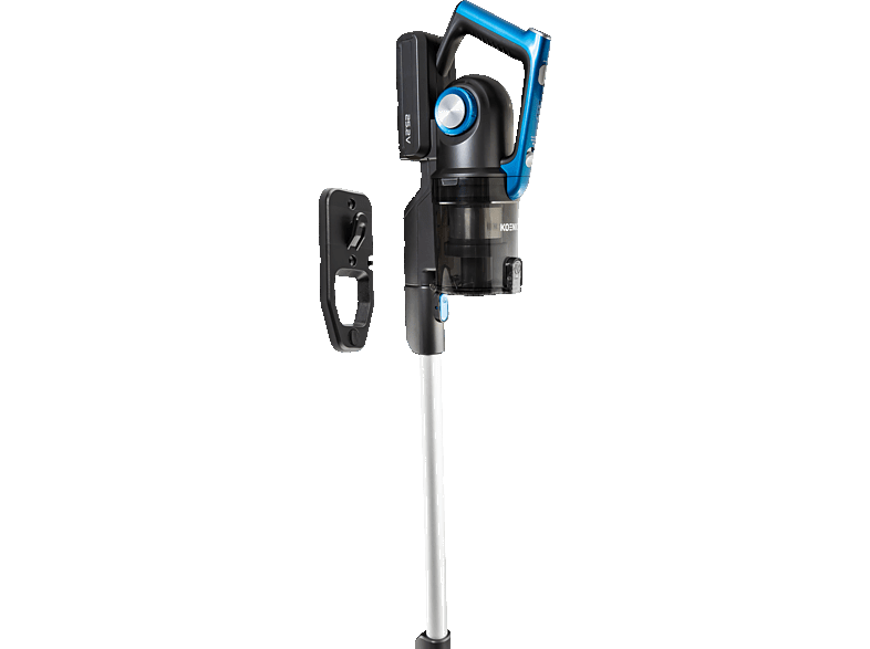 Cordless vacuum cleaner. Has a blue accent and a black battery.