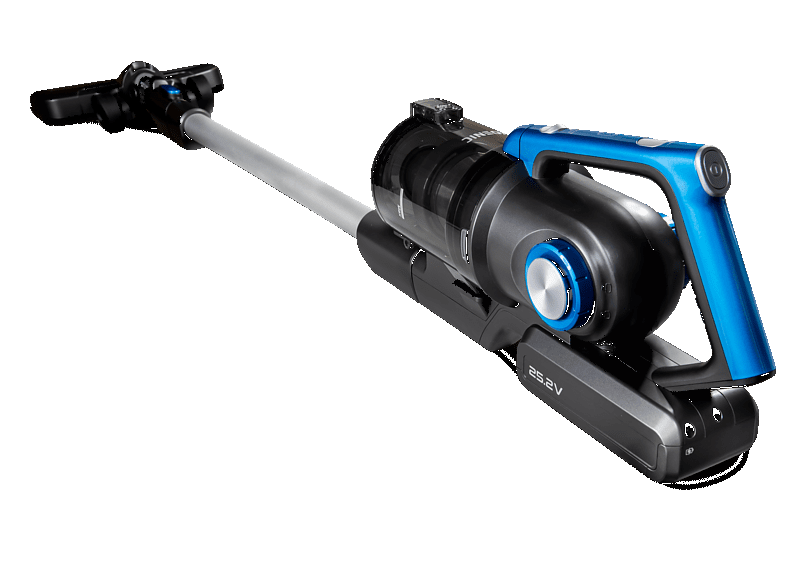 Black and blue cordless vacuum cleaner on a black background. Features a handle, battery, and dustbin.