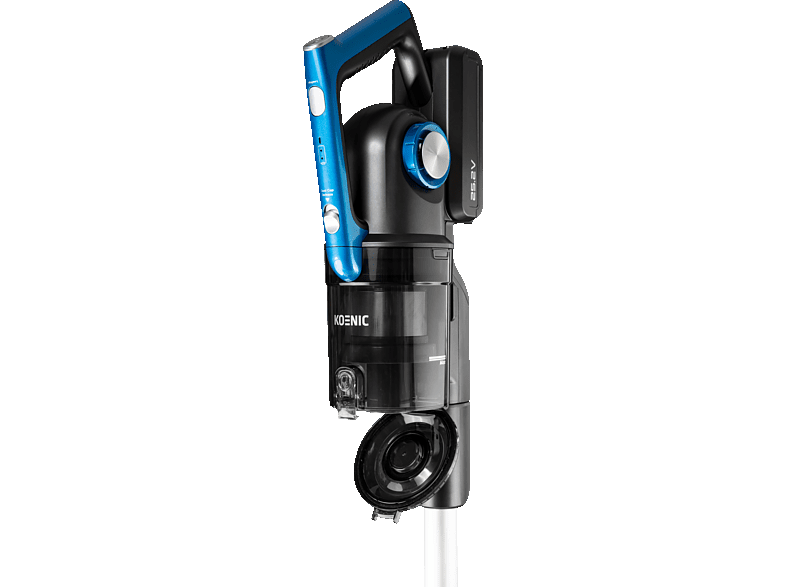 A Koenic vacuum cleaner, black and blue design, isolated on a black background.