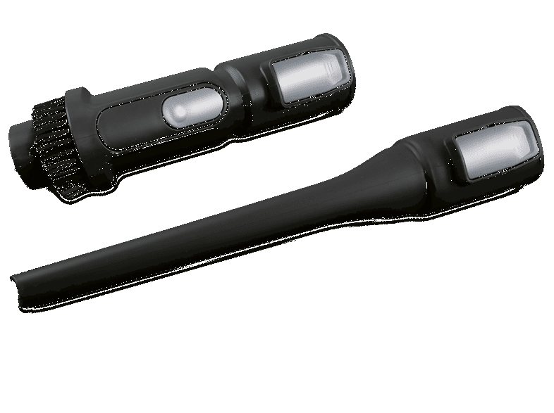 Two black vacuum cleaner attachments on black background. One has a brush.