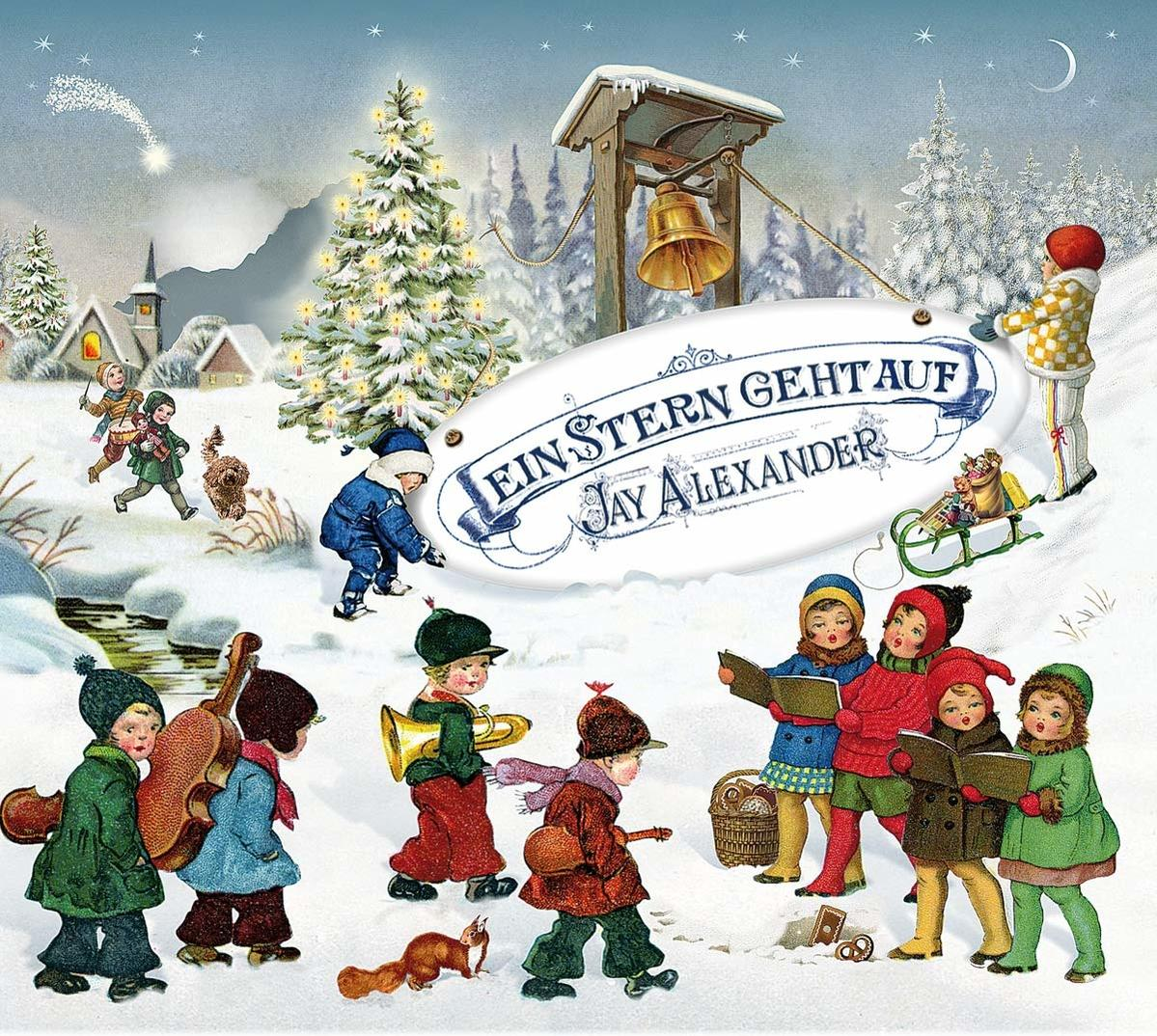 Eine Winterszene mit Kindern, die Weihnachtslieder singen. Es gibt eine Glocke und einen Weihnachtsbaum. Schnee bedeckt den Boden.