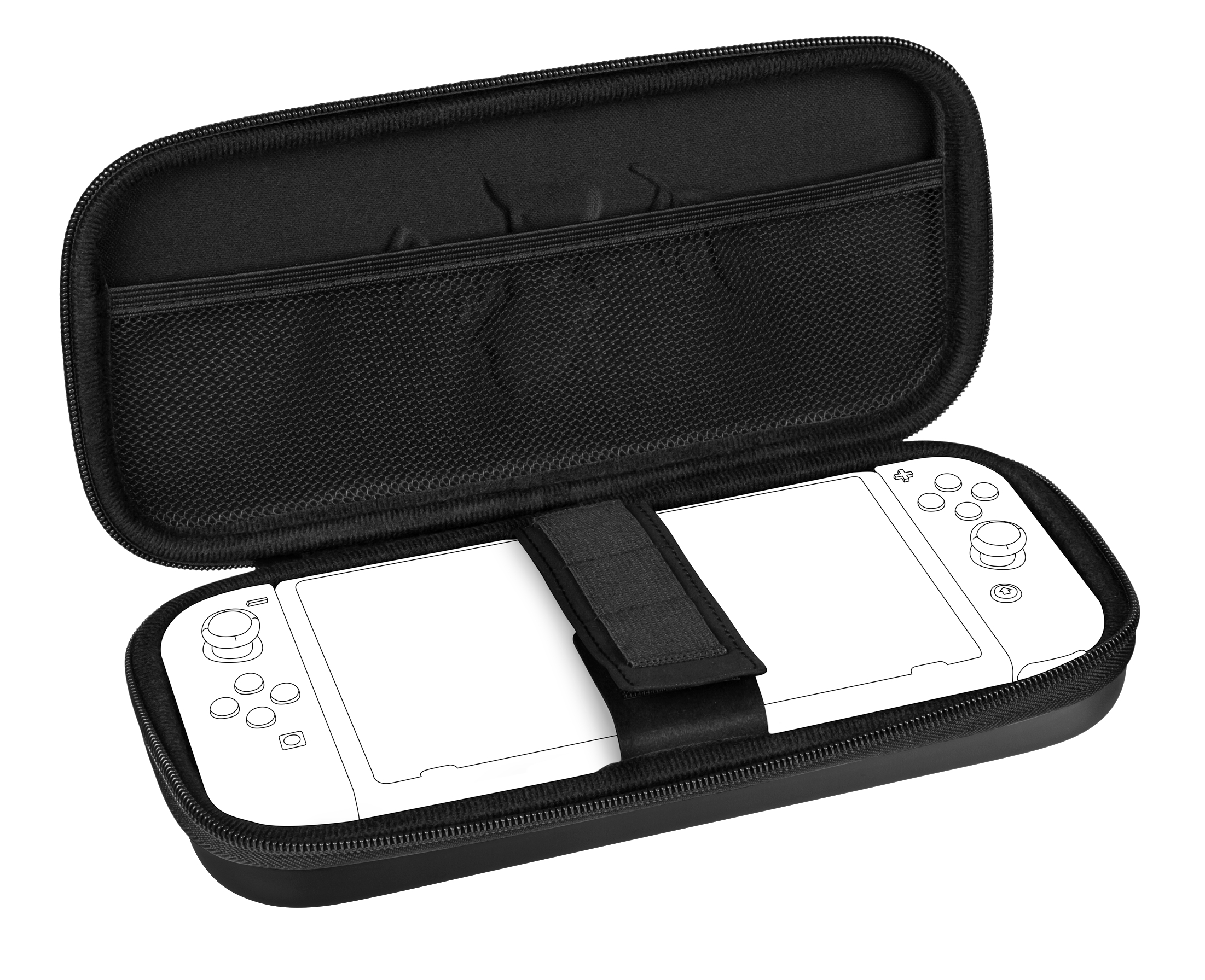 Schwarzer Koffer offen, zeigt weiße Switch-Konsole. Weißer Hintergrund.