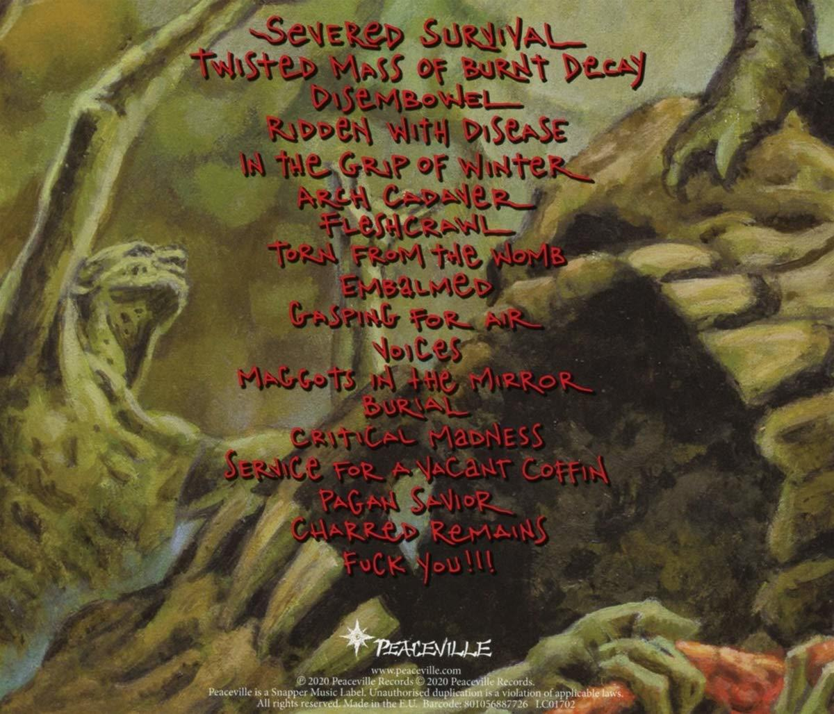 Albumcover mit rotem Text auf grünem Hintergrund, Illustrationen.