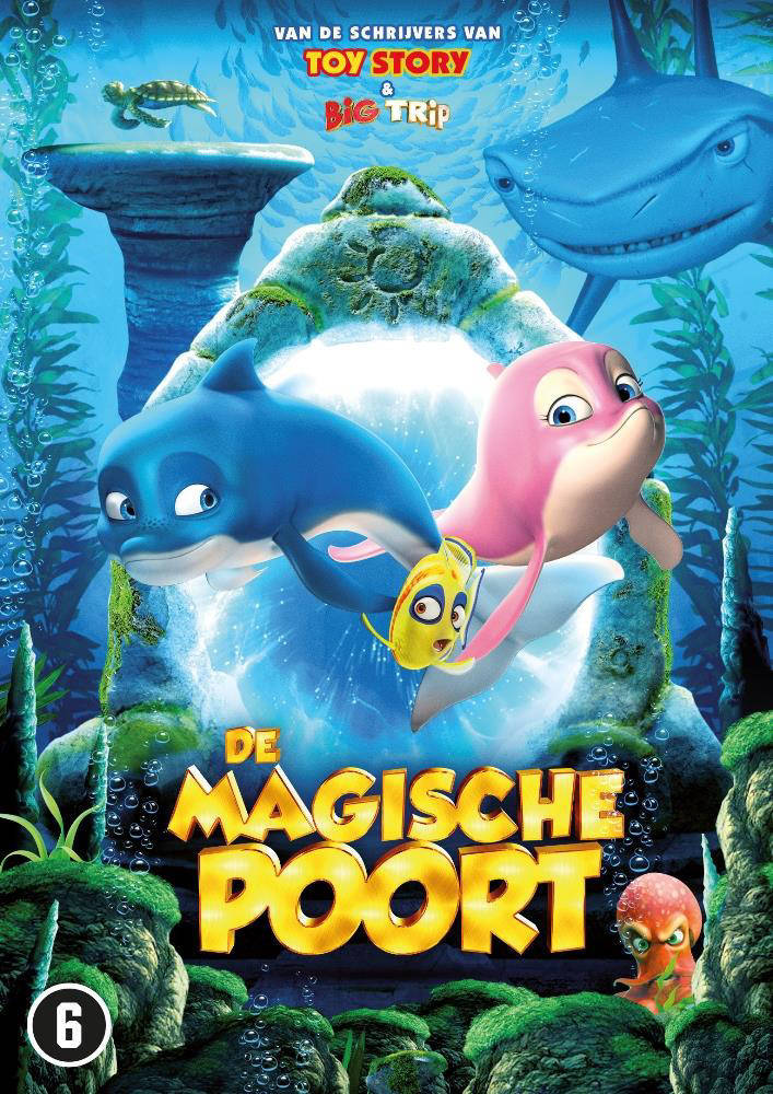 Affiche du film 'De Magische Poort' avec dauphins, requins et tortue animés dans une scène sous-marine.