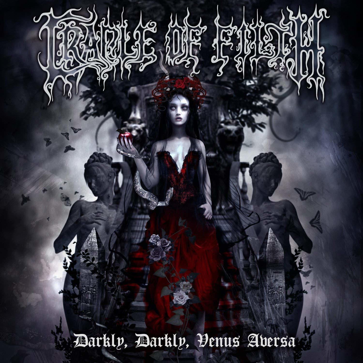 Albumcover, Gothic-Stil. Frau in rotem Kleid, hält Apfel, umgeben von Statuen und Fledermäusen.