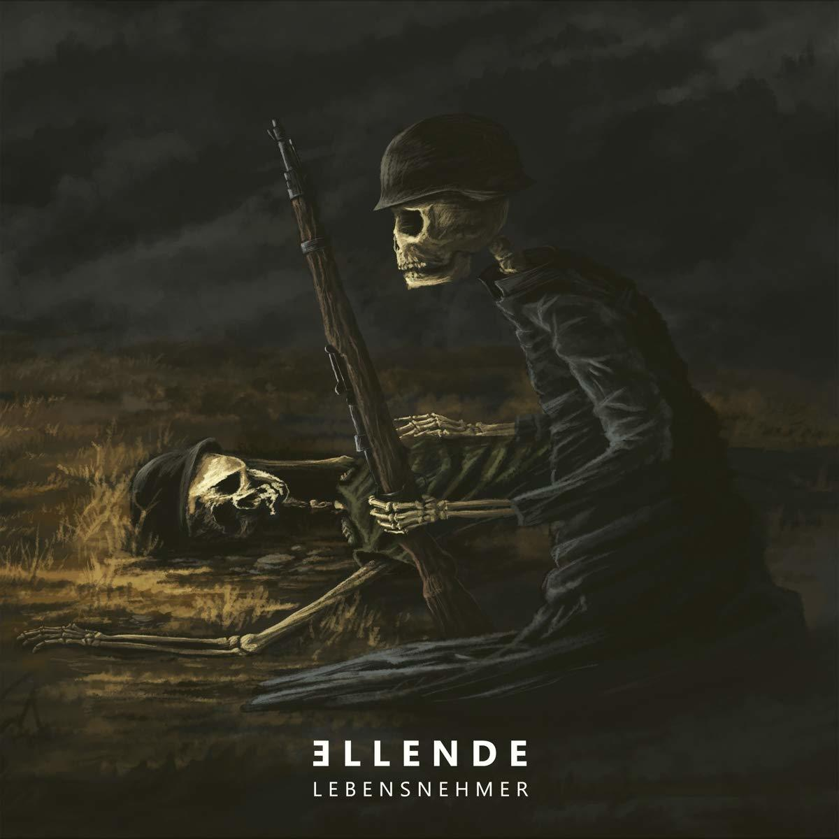 Albumcover. Skelette auf einem Feld. Titel: Ellende. Ein Skelett hält ein Gewehr. Dunkler Hintergrund.
