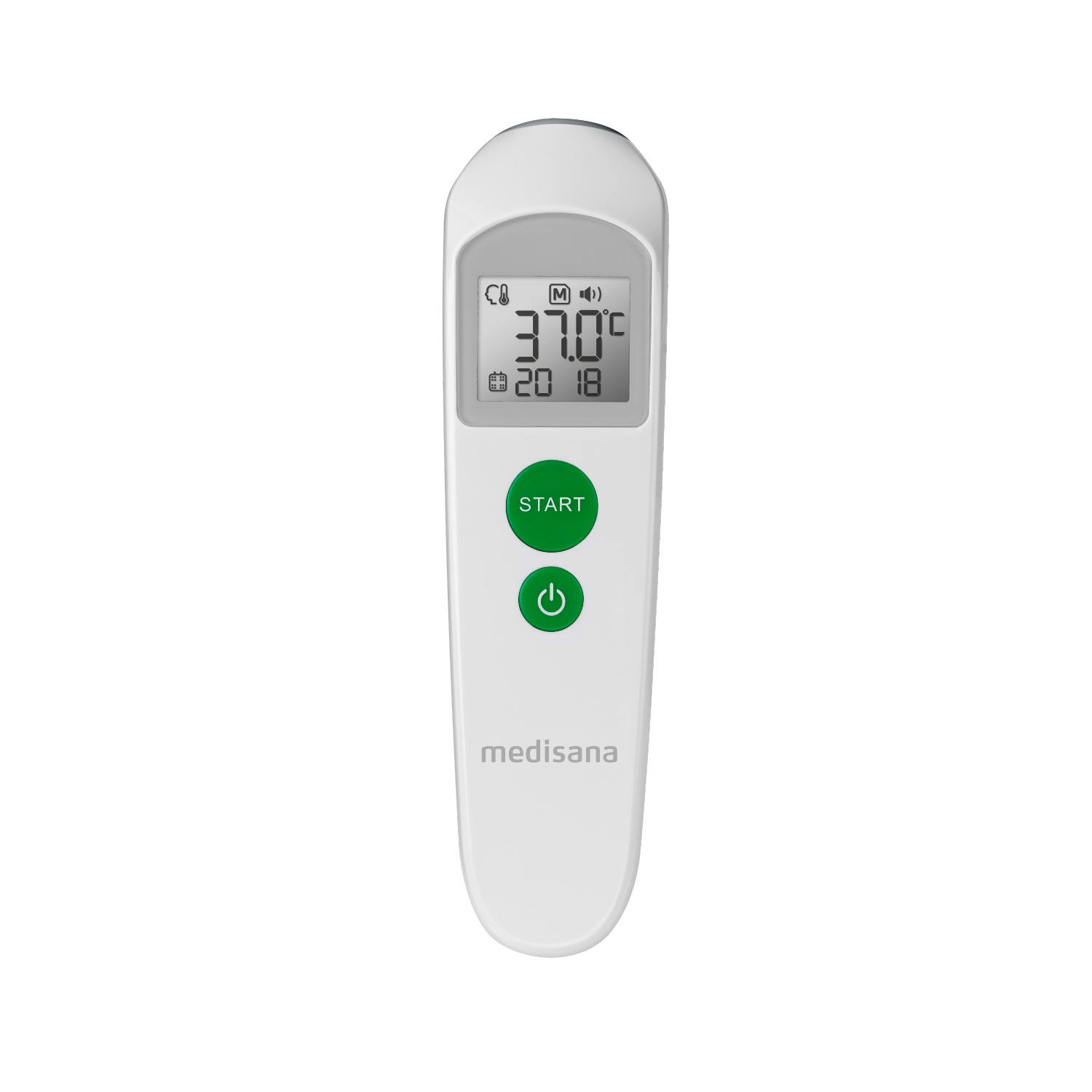 White digital thermometer with green buttons. Screen displays 37.0°C and date.