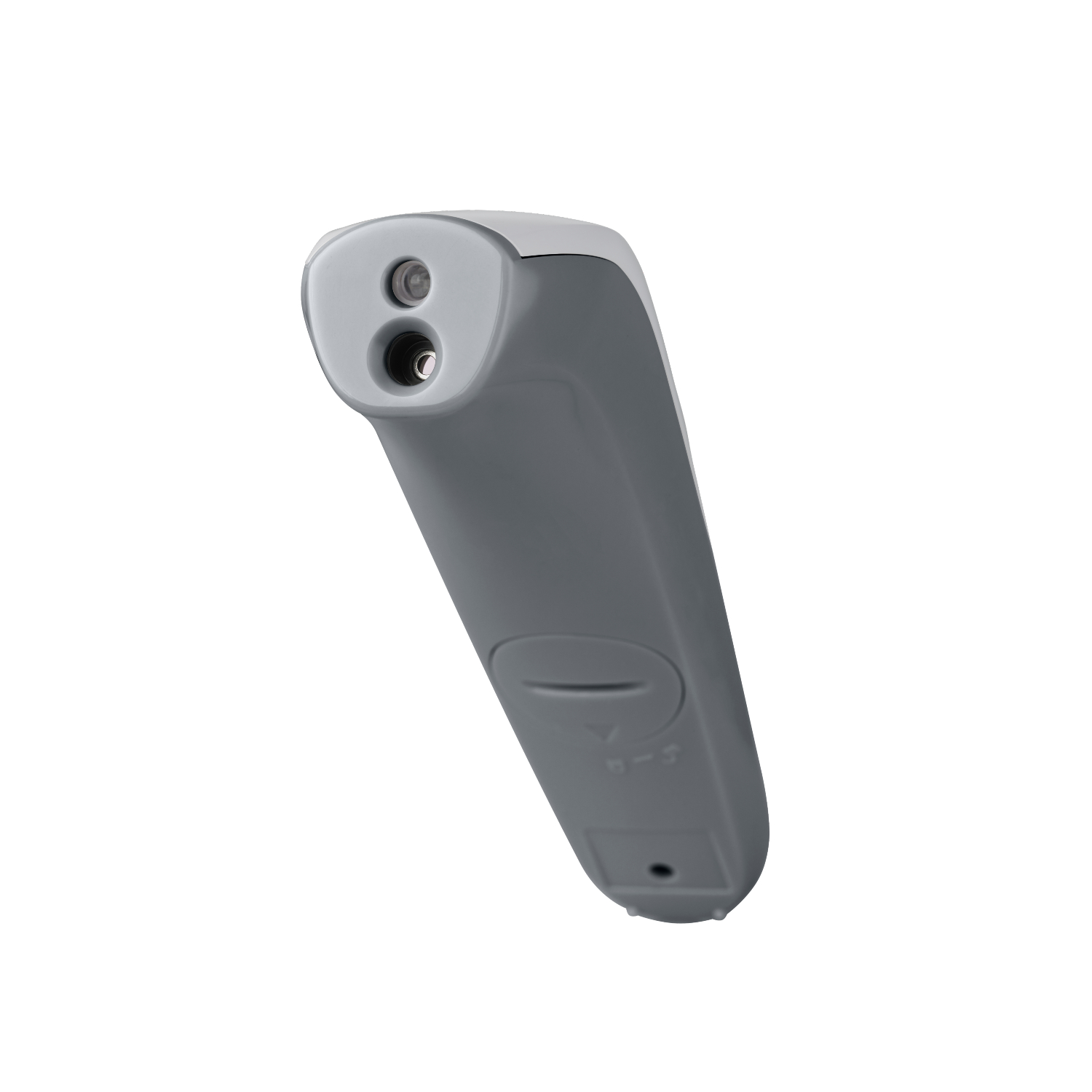 Light gray infrared thermometer with two holes.