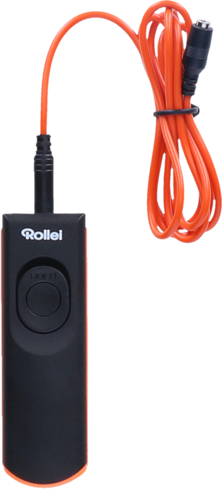Télécommande de caméra noire et orange avec un câble orange enroulé.