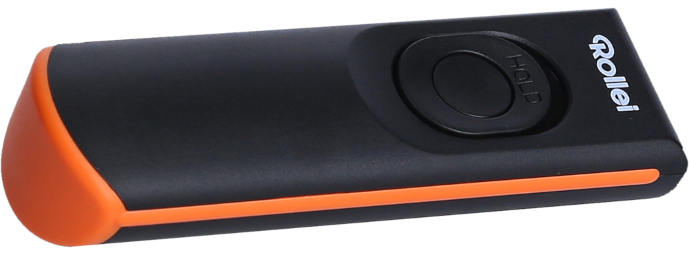 Télécommande noire et orange avec la marque 'Rollei' et un bouton de maintien.