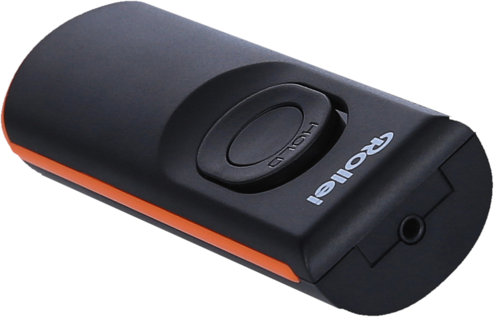 Une télécommande noire et orange avec un bouton circulaire portant l'étiquette 'HOLD'.