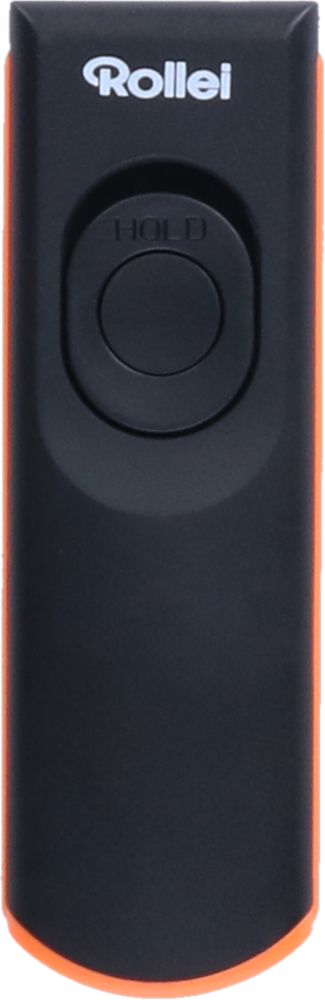 Télécommande noire et orange avec le mot "Rollei" et un bouton "HOLD".
