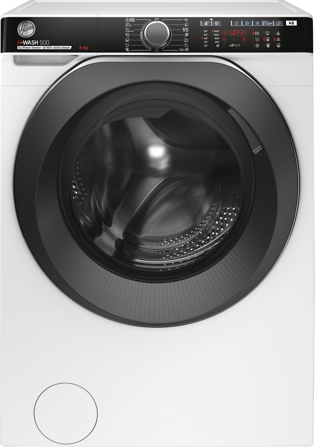 Een witte Hoover H-Wash 500 wasmachine. Het heeft een zwarte deur, bedieningspaneel en een ronde draaiknop. De trommel is zichtbaar.
