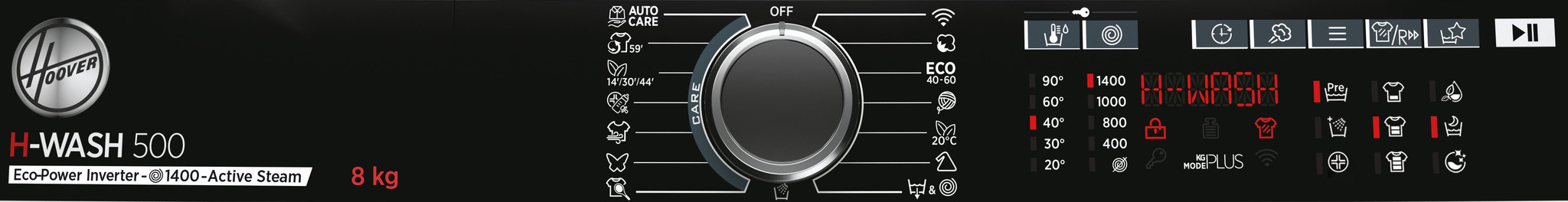 Wasmachine bedieningspaneel met knoppen, een draaiknop en een display. Hoover-logo zichtbaar.