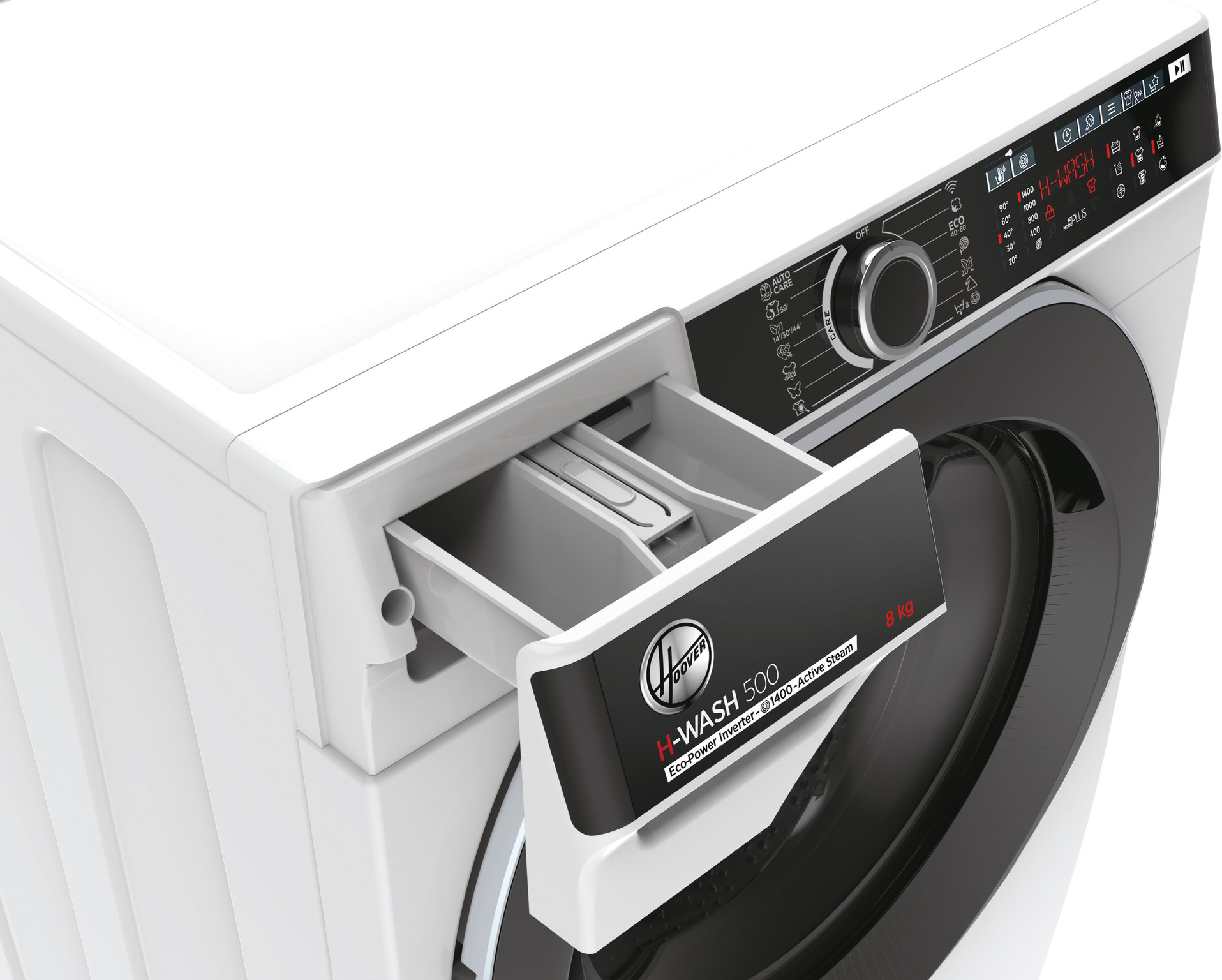 Een witte wasmachine met een open wasmiddellade. Het bedieningspaneel toont instellingen. Het merk is Hoover H-WASH 500.