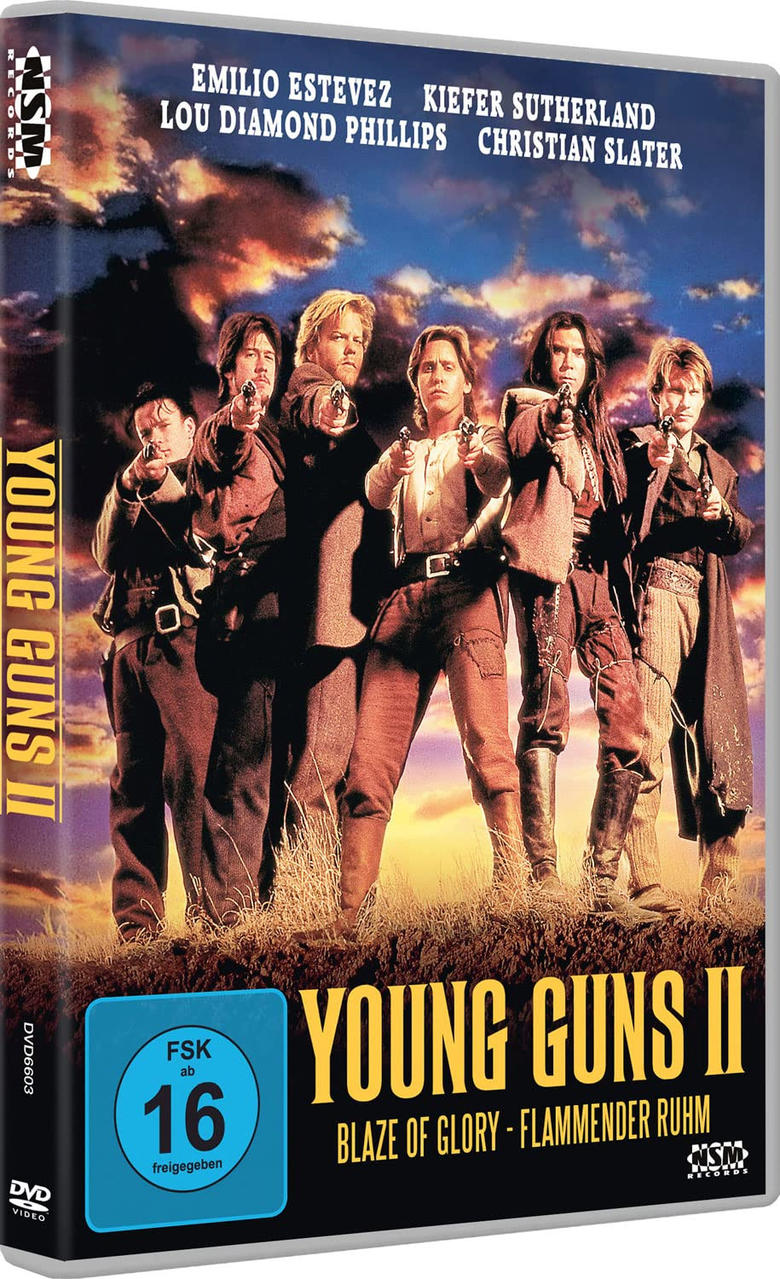 DVD-Cover des Films Young Guns II, mit einer Gruppe von Männern mit Waffen. Der Hintergrund ist ein Himmel.