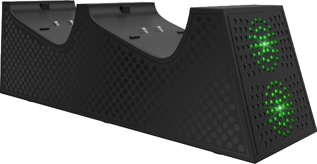 Zwart Xbox controller oplaadstation met groene lichten, in een zwarte omgeving.