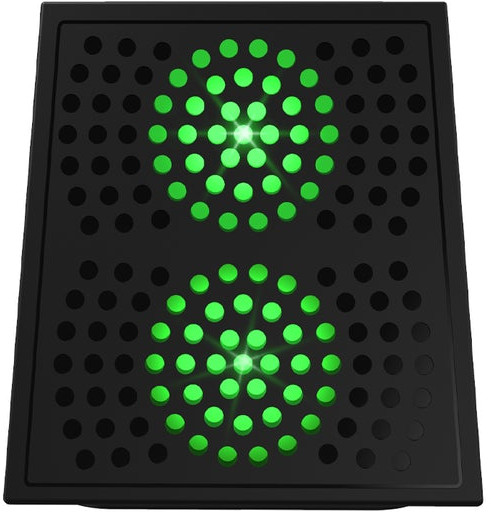 Zwarte luidspreker met groene lichten aan, bovenaanzicht, geïsoleerd op witte achtergrond.