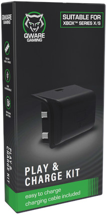 Boîte noire pour Xbox Series X/S. Indique 'Play & Charge Kit', avec câble inclus.