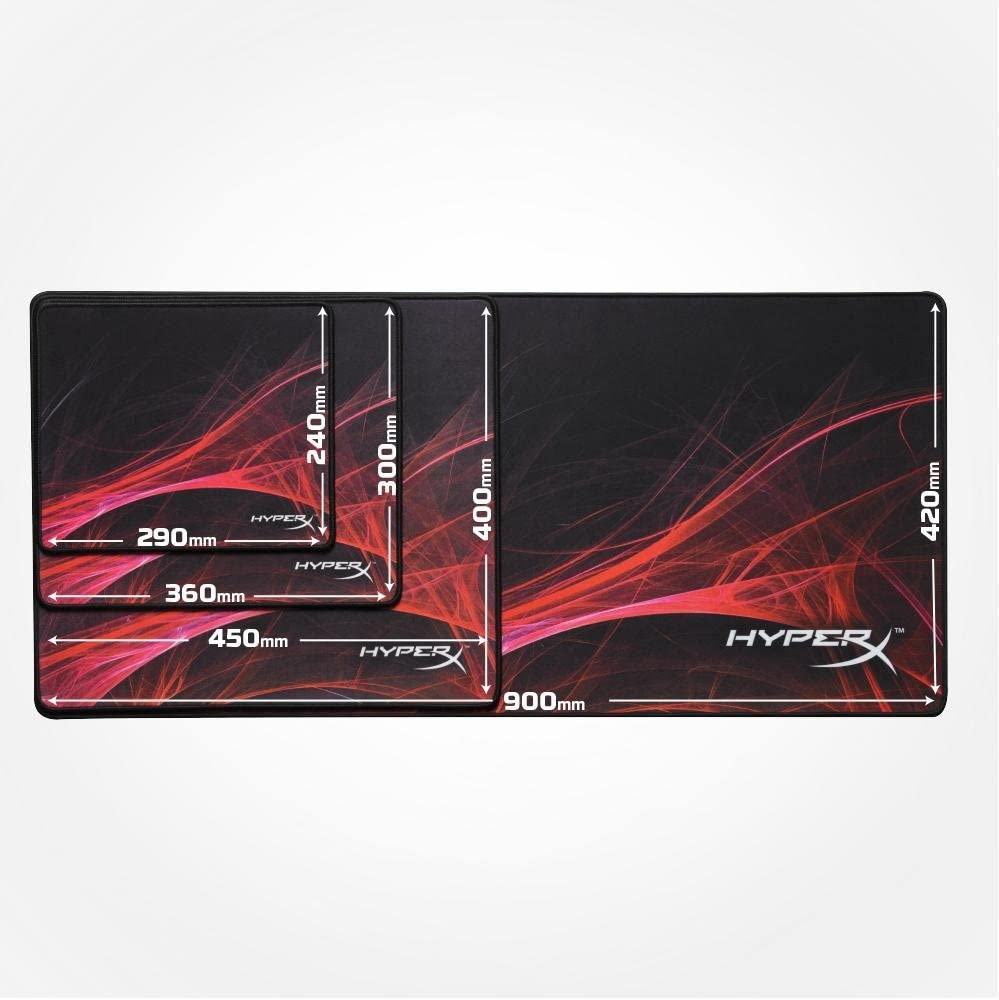 HyperX-Mauspads in verschiedenen Größen mit rotem und schwarzem Design, Abmessungen beschriftet.