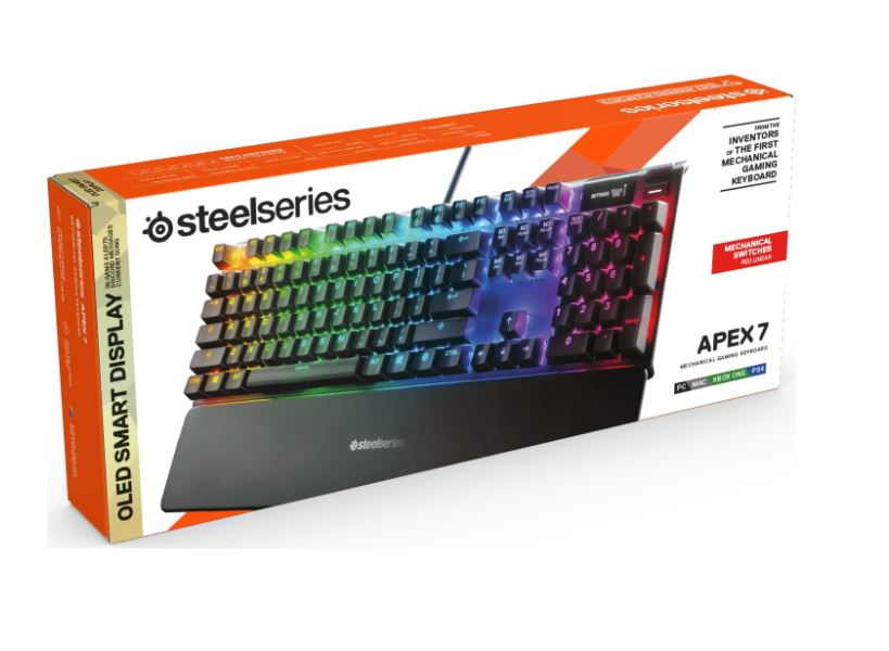 SteelSeries oyun klavyesi kutusu. Çok renkli aydınlatmalı siyah klavye.