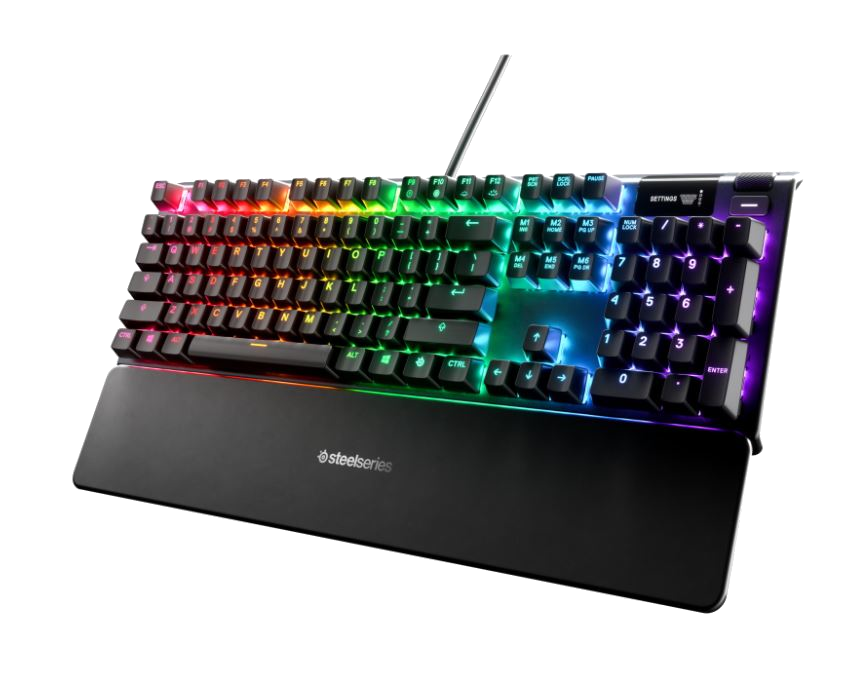 Gökkuşağı aydınlatmalı, SteelSeries logolu ve bilek desteği olan siyah oyun klavyesi.