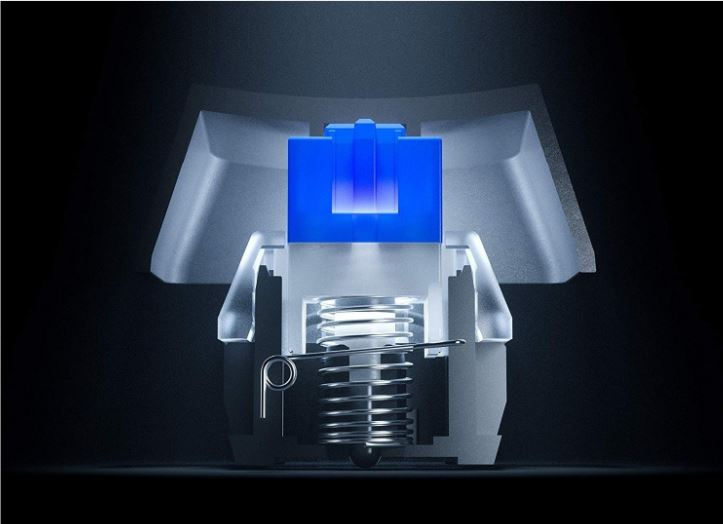 Bir klavye anahtarının kesiti. Mavi bir düğme ve bir yay görünür.