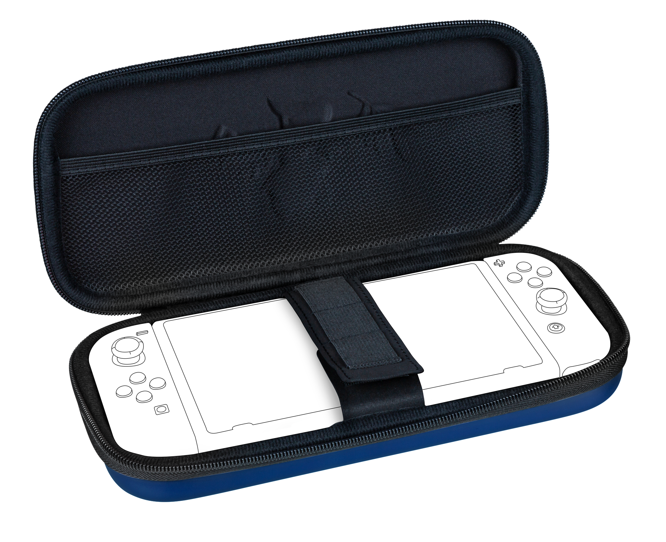 Eine blaue und schwarze Switch-Hülle, offen, mit einer Switch darin. Weißer Hintergrund.
