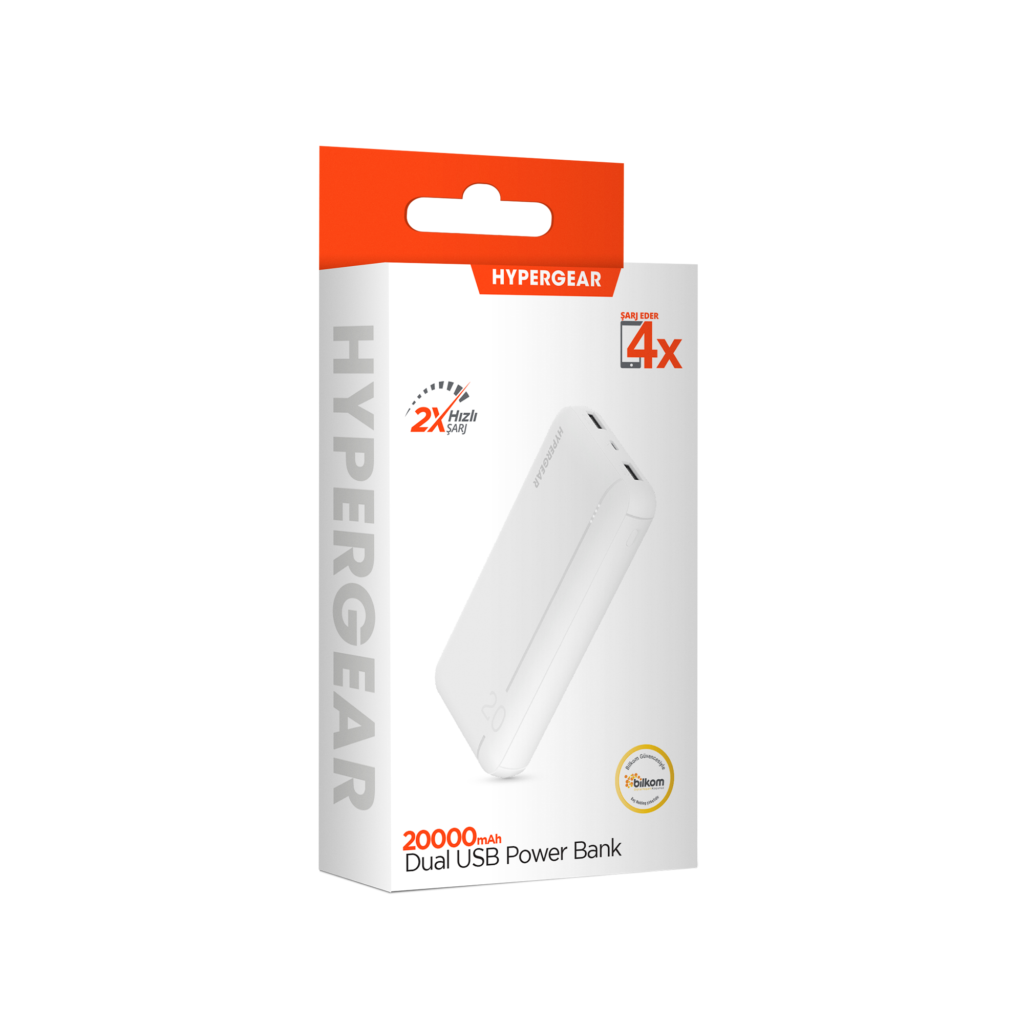 Beyaz ve turuncu Hypergear powerbank kutusu. "HYPERGEAR" ve "20000mAh" kelimelerini gösterir.
