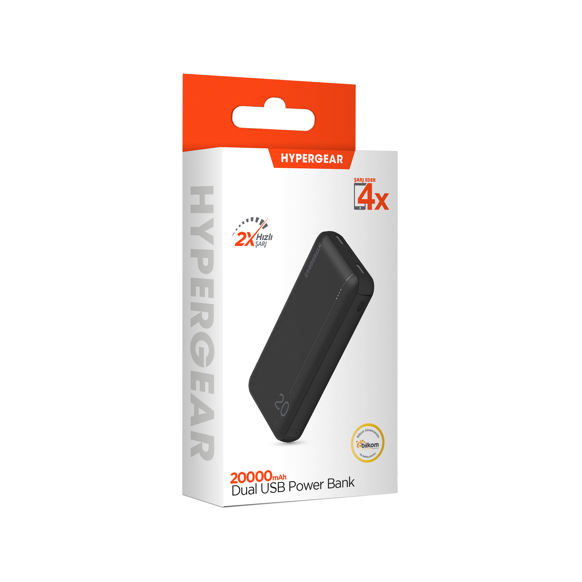 Kutuda siyah bir güç bankası, '20000mAh' ve 'Dual USB Power Bank' metinleriyle. Turuncu kutu.