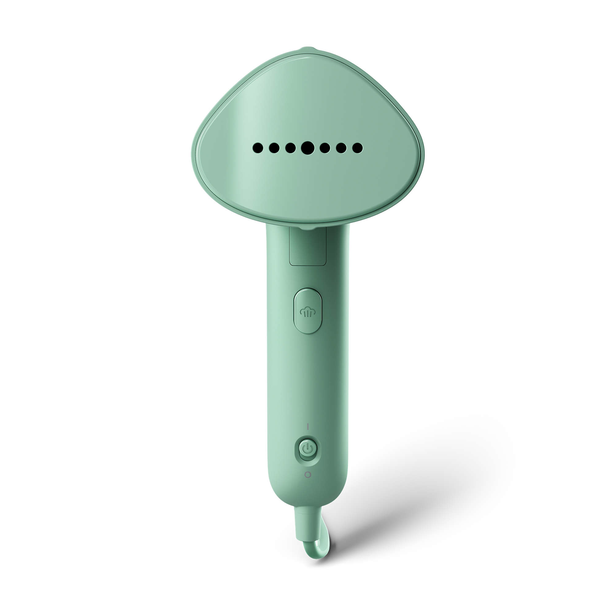 Mint green handheld steamer. It has a round head with holes, and a handle with buttons. The cord is green.