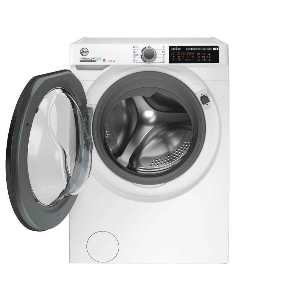 Machine à laver blanche avec la porte ouverte, montrant le tambour intérieur.