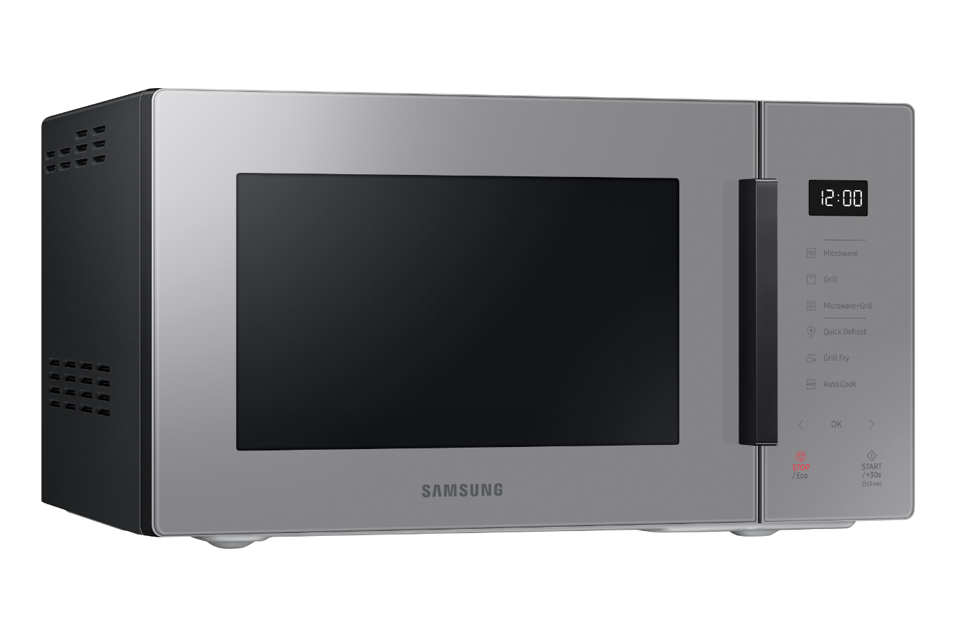 Siyah kapılı gümüş Samsung mikrodalga fırın, kontrol paneli ekranını gösteriyor.