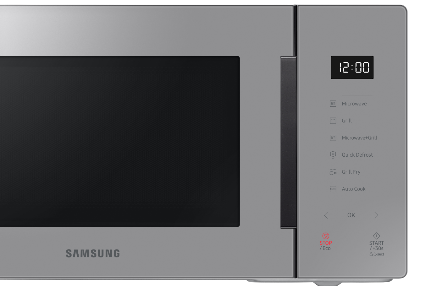 12:00 gösteren dijital ekranlı ve kontrol düğmeli gümüş renkli Samsung mikrodalga fırın.