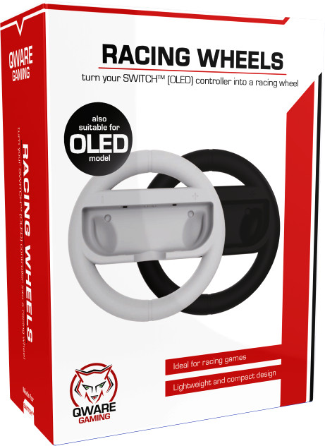 Racing wheel for Switch OLED controller. Black and white colors, with branding and text on the box.