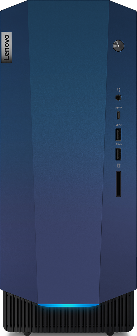 Ein blau-schwarzes Desktop-Computergehäuse mit Lenovo-Logo und mehreren sichtbaren Anschlüssen.