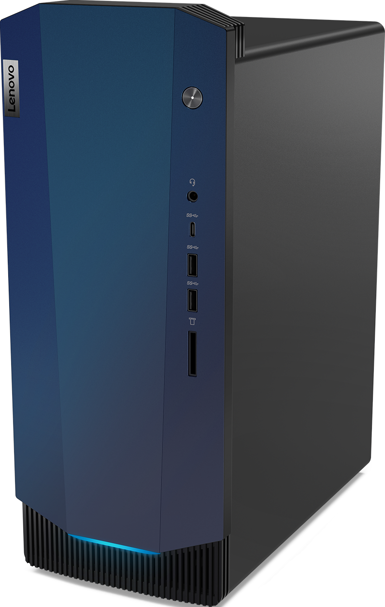 Blau-schwarzer Desktop-Computer. Vorderansicht mit Anschlüssen.