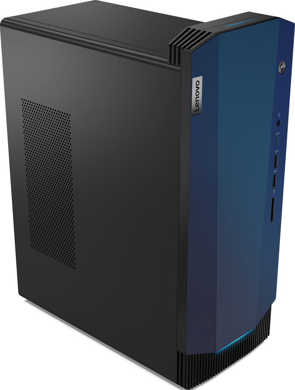 Schwarzer und blauer Computerturm. Vorderseite mit Lüftungsschlitzen und Lenovo-Logo. Seitenfeld mit Anschlüssen.