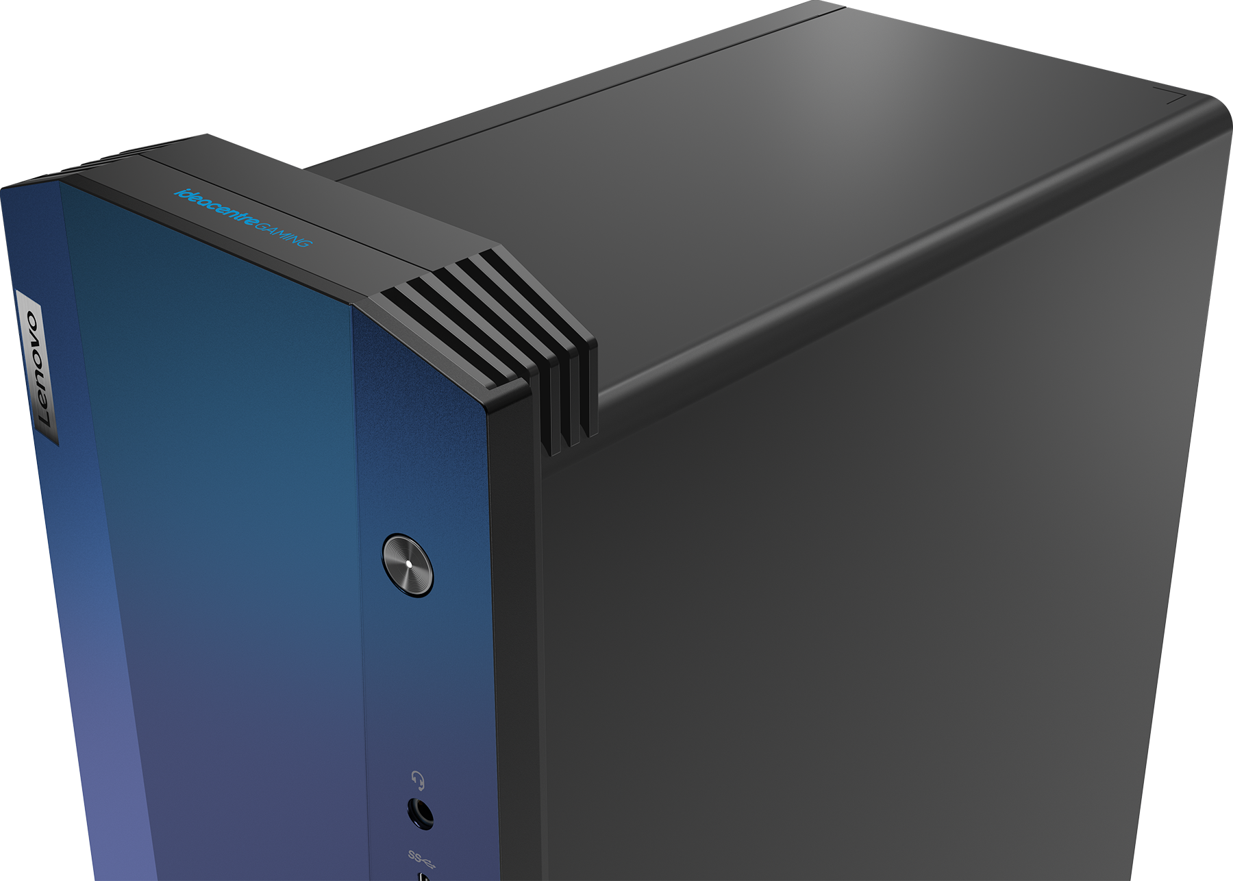 Schwarzer und blauer Computerturm mit silbernem Knopf und Lüftungsschlitzen. Schwarzer Hintergrund.