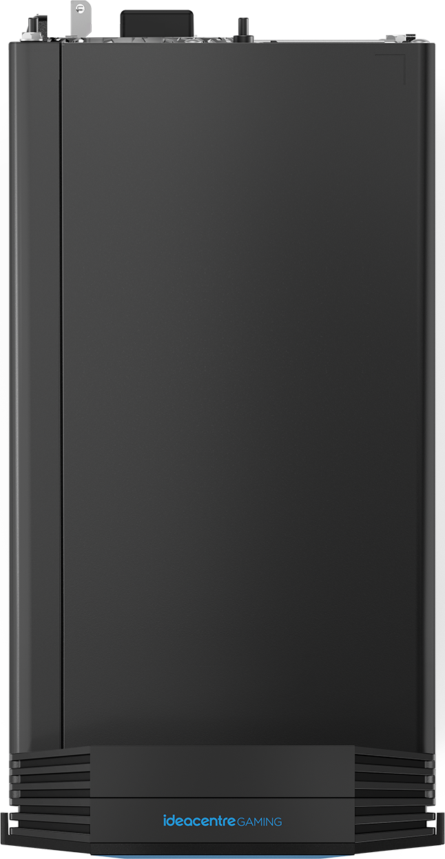 Rückansicht eines schwarzen Desktop-Computers mit dem ideacentre GAMING Logo unten.