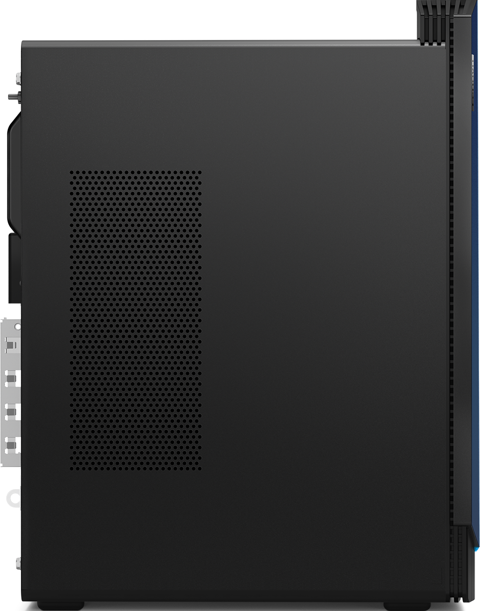Schwarzes Computergehäuse-Seitenprofil. Perforierte Seitenwand. Blaue Akzente.
