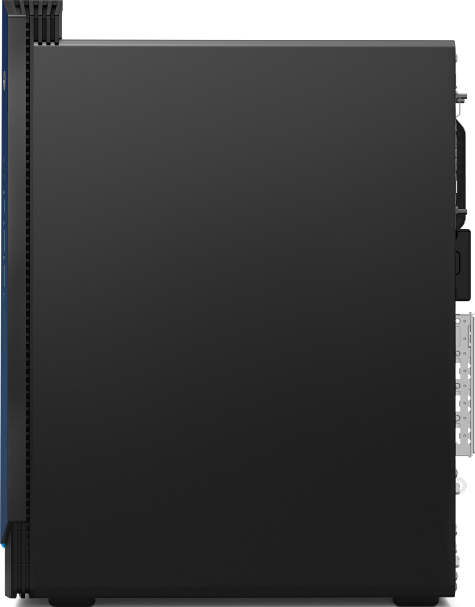 Seitenansicht eines schwarzen Computerturms mit blauen Akzenten.
