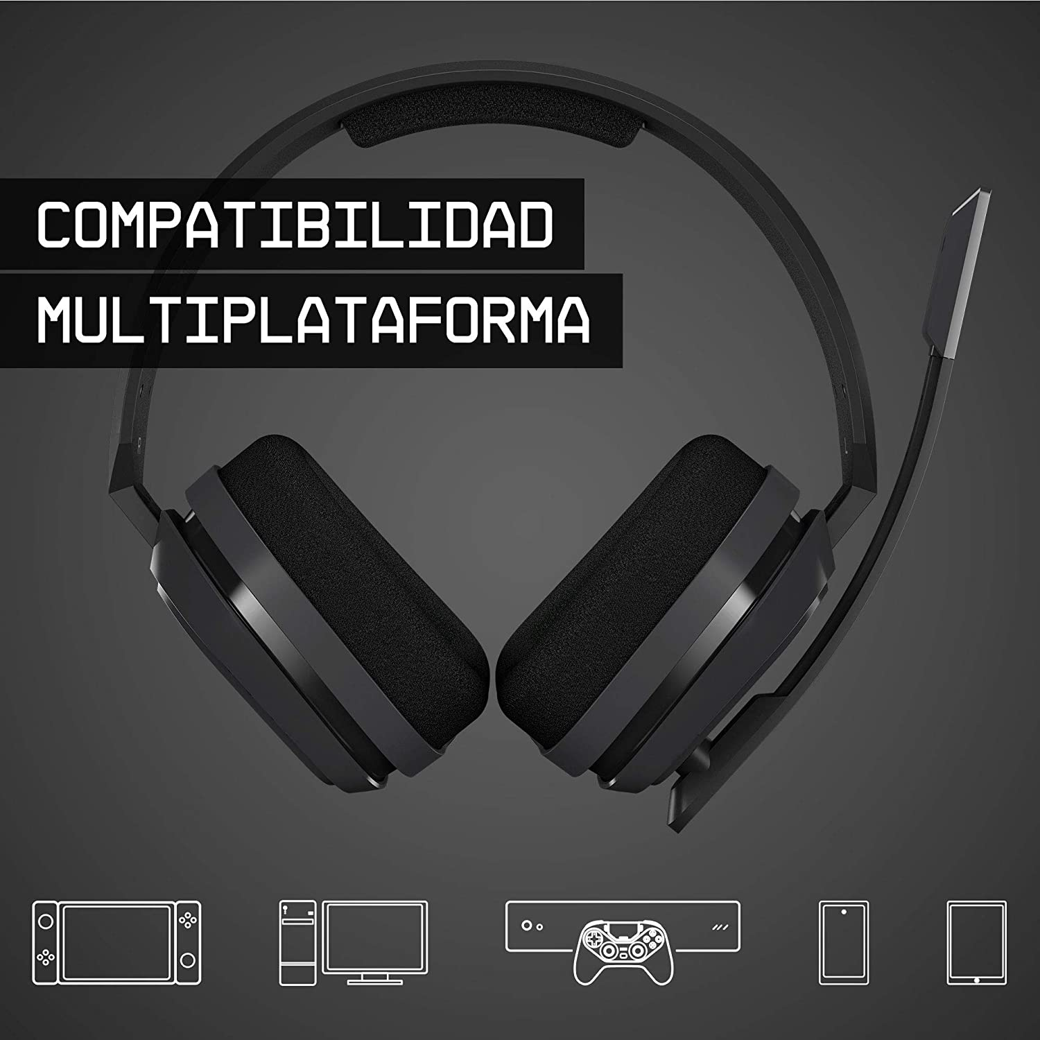 Auriculares gaming negros. La imagen muestra iconos de dispositivos con los que los auriculares son compatibles.