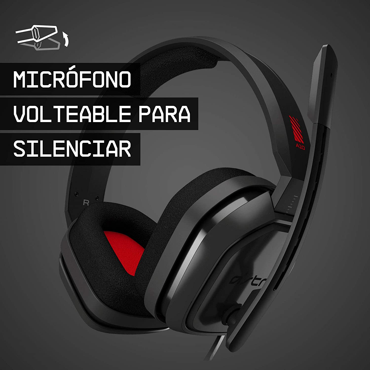 Un auricular para juegos negro y gris con un micrófono. El fondo es oscuro con algunas luces.