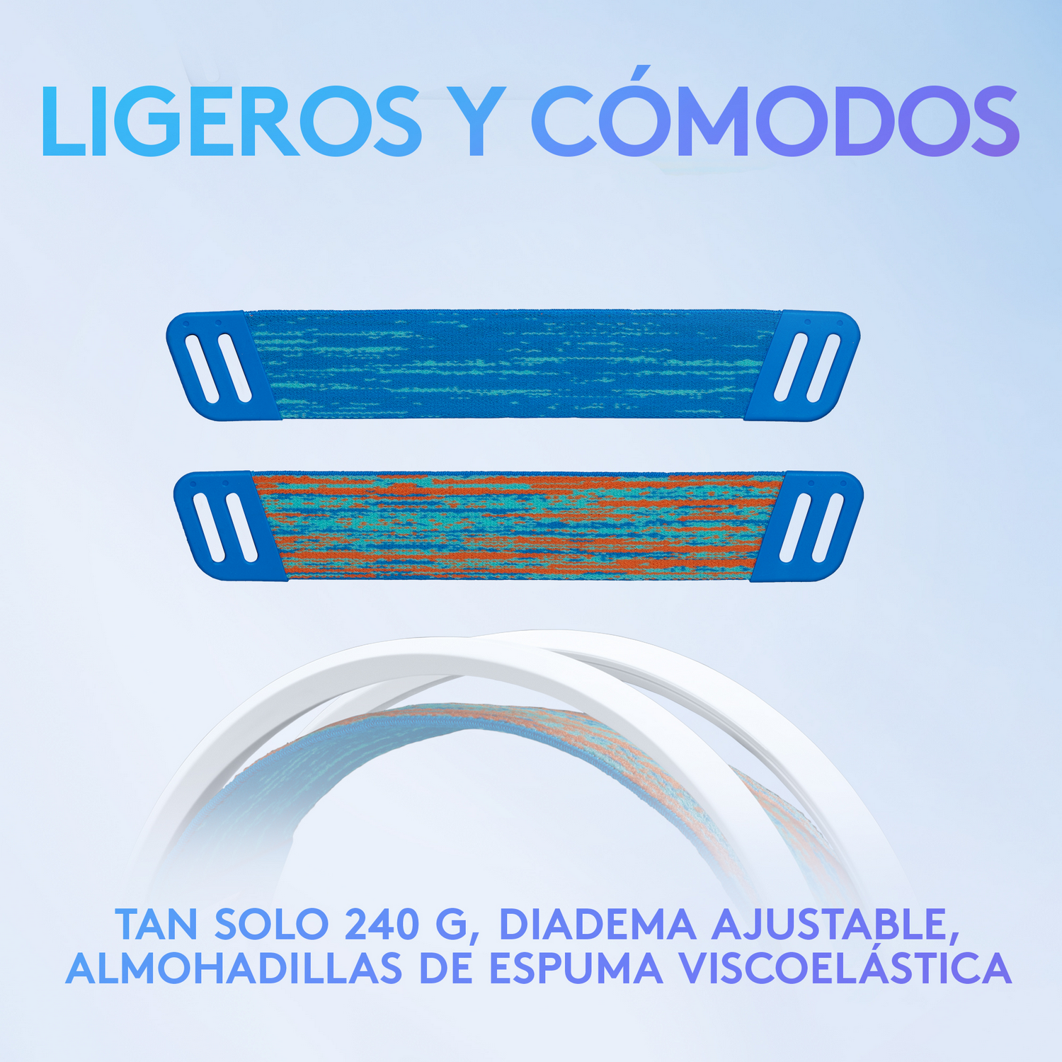 Dos diademas, azul y naranja, con detalles blancos. Superposición de texto.