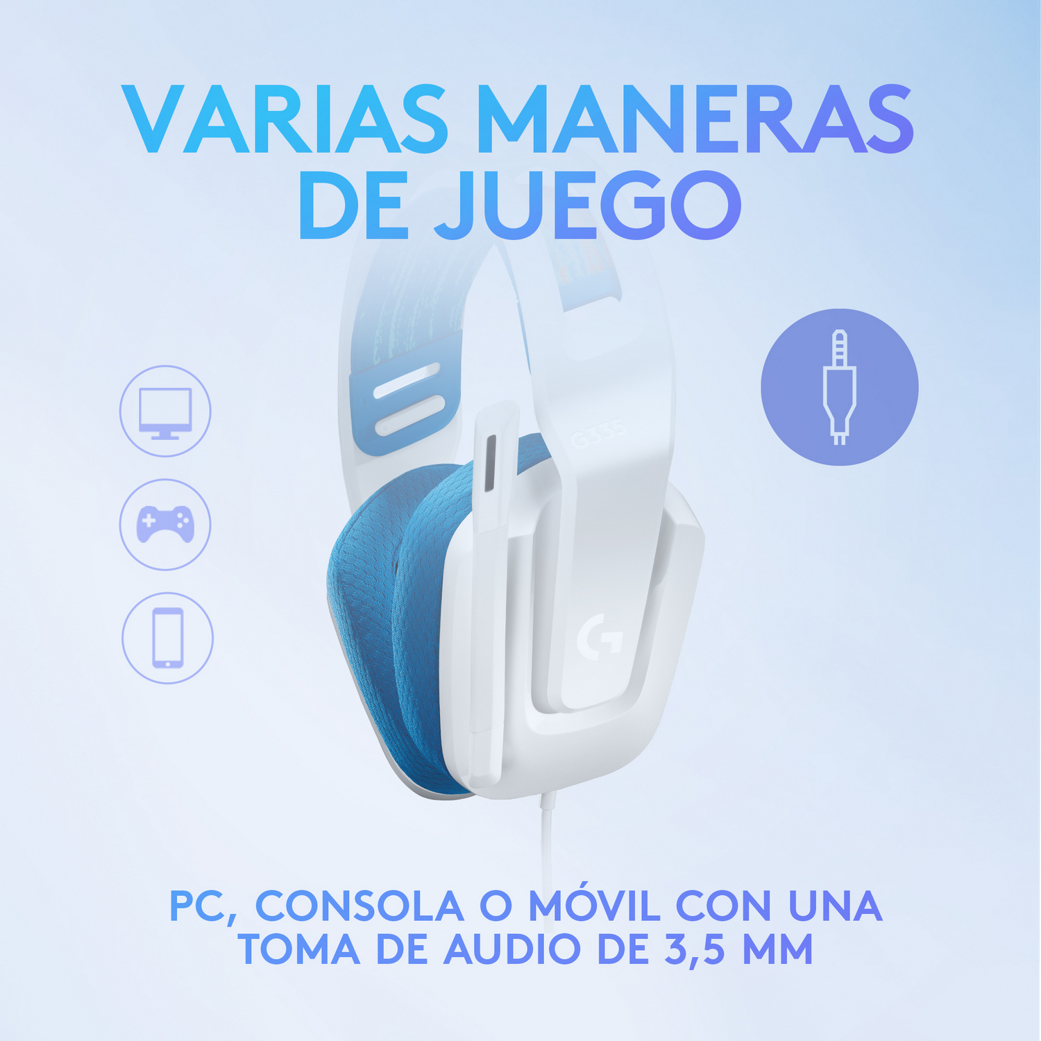 Auriculares gaming blancos y azules con iconos y texto sobre PC, consola, móvil.